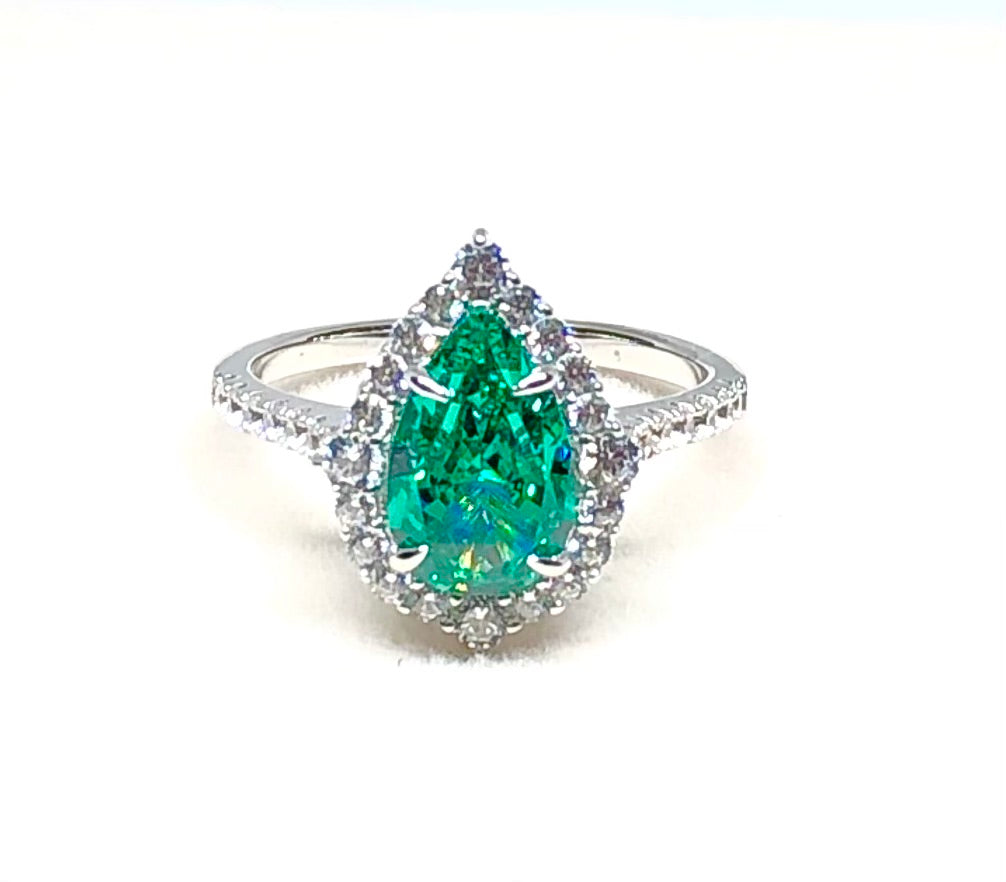 18K White Gold Halo 3Ct Pear Cut Paraiba Color Cubic Zirconia Engagement Ring