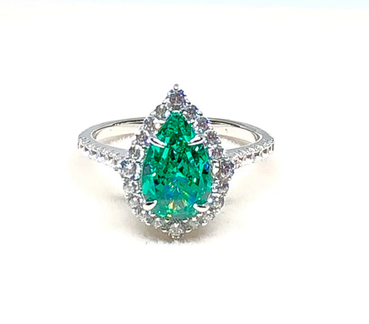 18K White Gold Halo 3Ct Pear Cut Paraiba Color Cubic Zirconia Engagement Ring