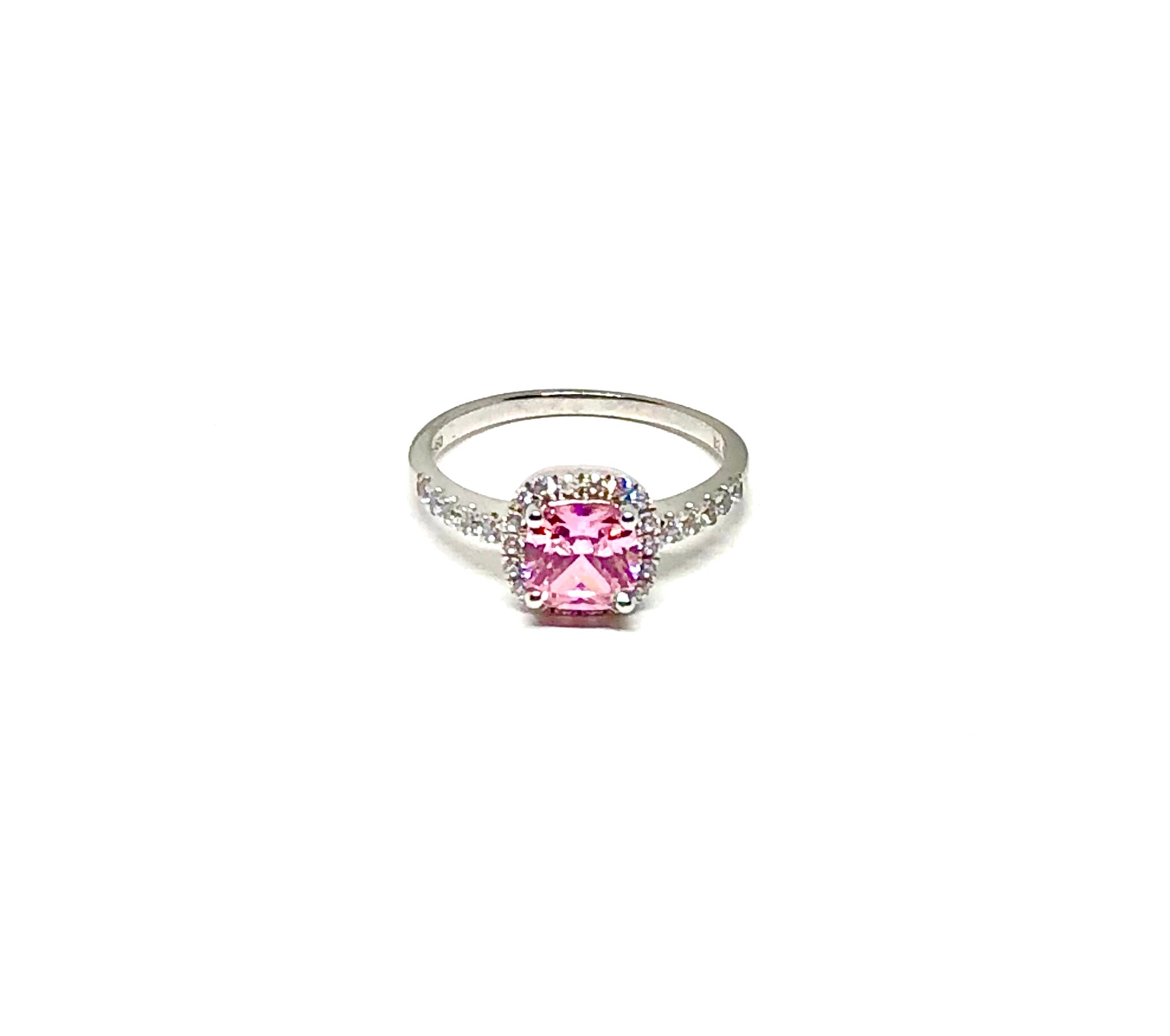 Platinum Halo 2Ct Pink Cushion Cut Cubic Zirconia Engagement Ring