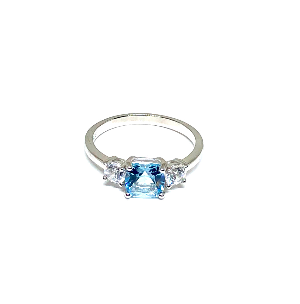 Three Stone 3Ct Blue Cushion Sterling Silver Ring