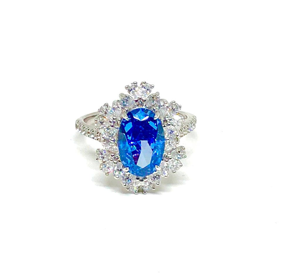 14K White Gold 4 1/2Ct Blue Oval Cut Cubic Zirconia Flower Ring