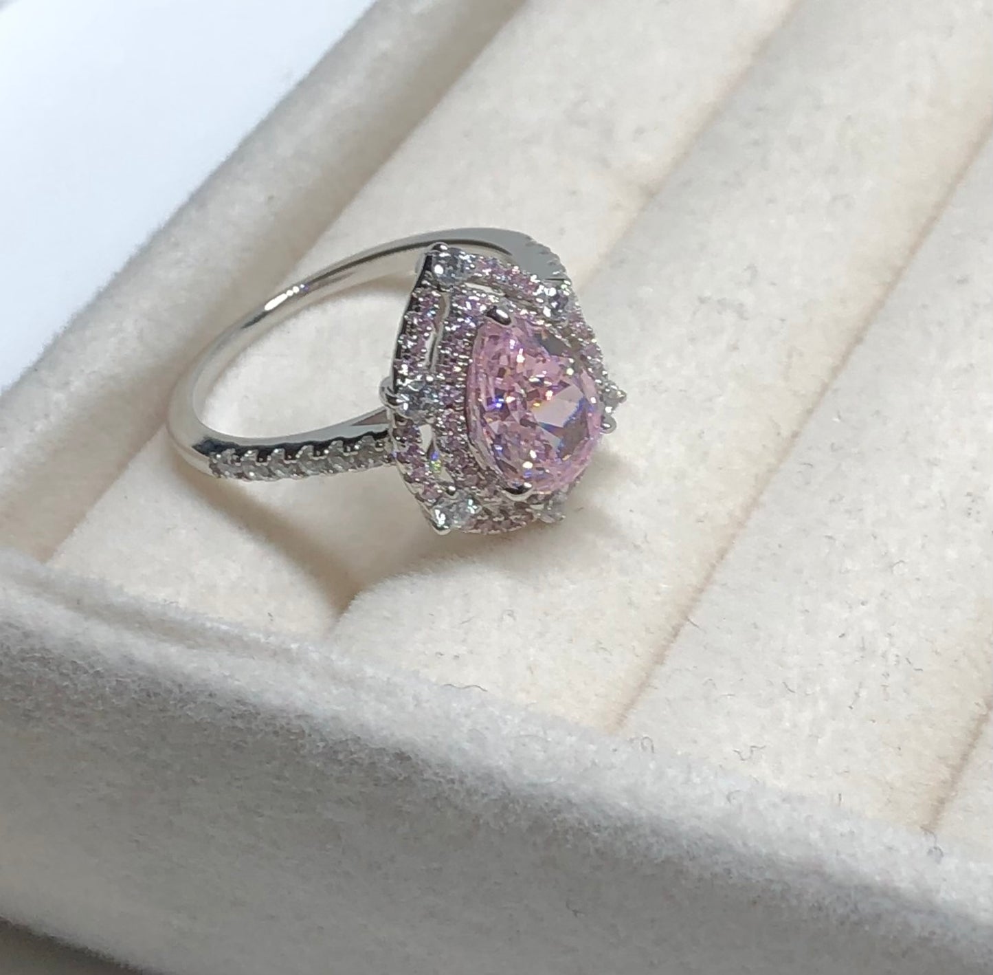 18K White Gold Double Halo Pink 2Ct Pear Cut Cubic Zirconia Engagement Ring