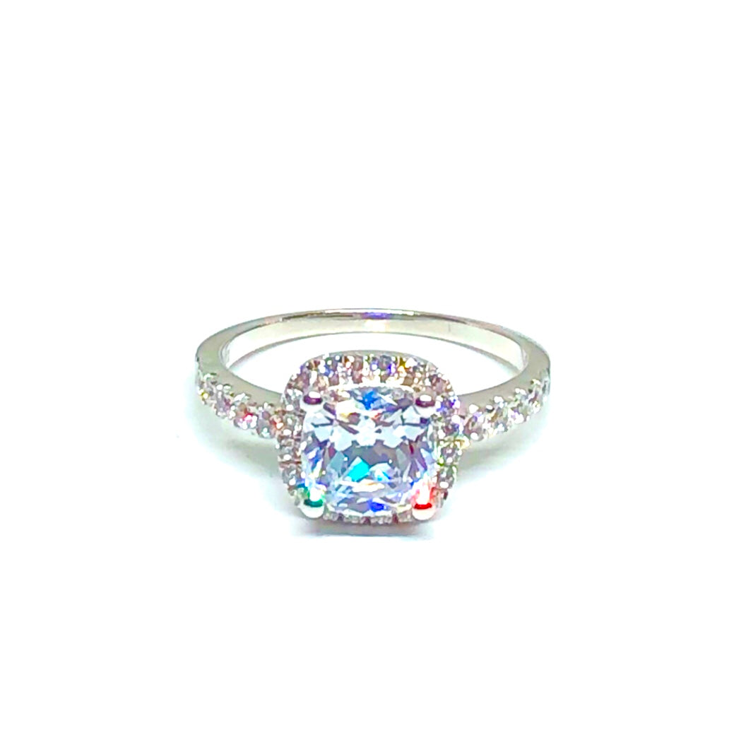 14K White Gold Halo 3Ct Cushion Cut Cubic Zirconia Engagement Ring