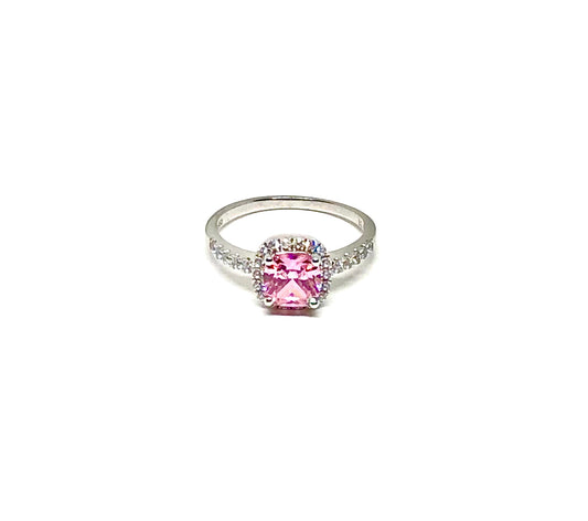 Platinum Halo 2Ct Pink Cushion Cut Cubic Zirconia Engagement Ring