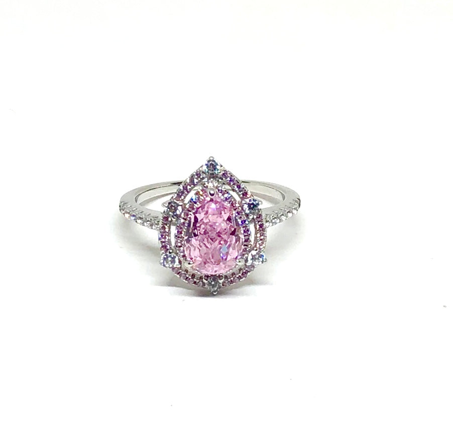 18K White Gold Double Halo Pink 2Ct Pear Cut Cubic Zirconia Engagement Ring