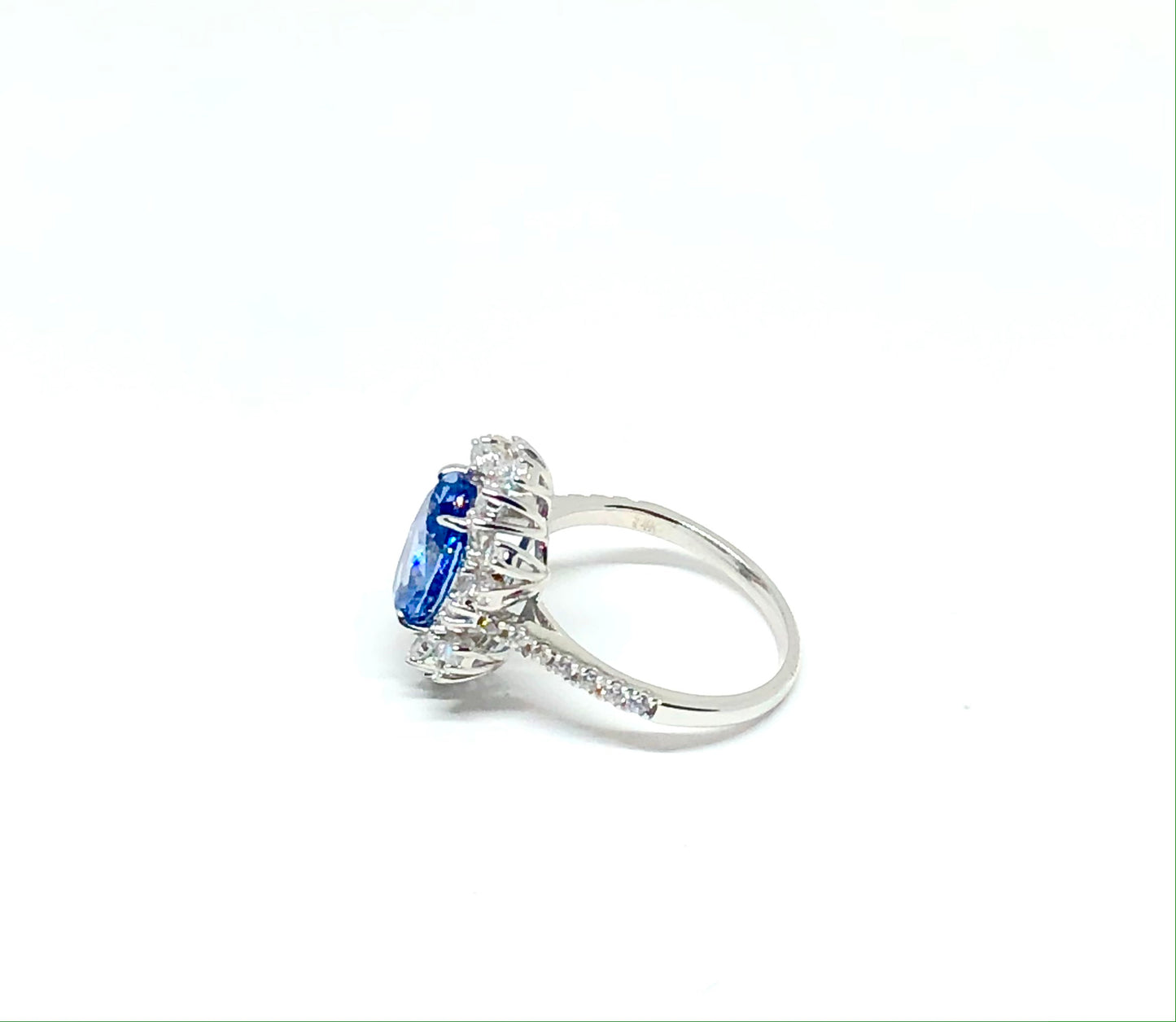 14K White Gold 4 1/2Ct Blue Oval Cut Cubic Zirconia Flower Ring